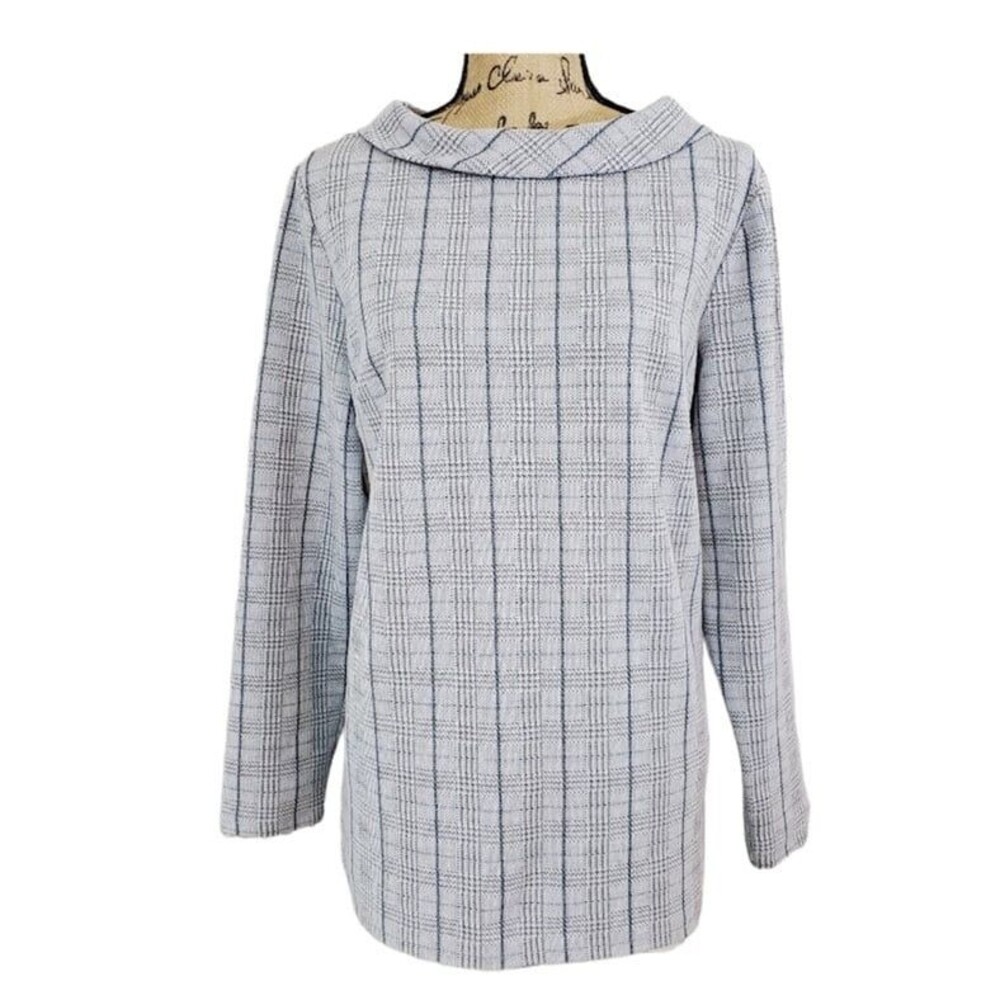 Talbots blouse womens grey blue rolled boat neck collar top size small